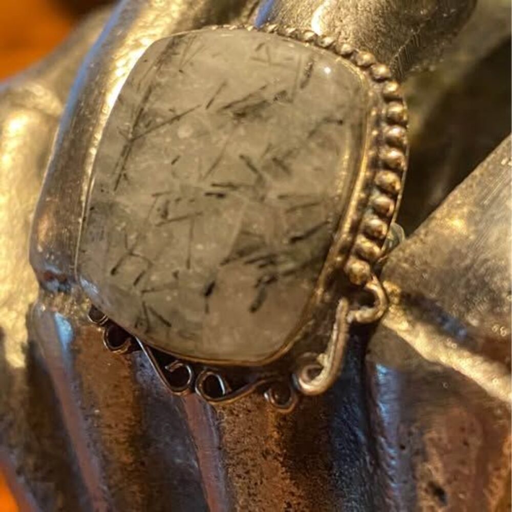 Black-White Dragon Vein Agate 925 Statement ring - Size 8